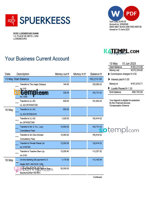 Bcee Luxembourg Bank firm account statement Word and PDF template