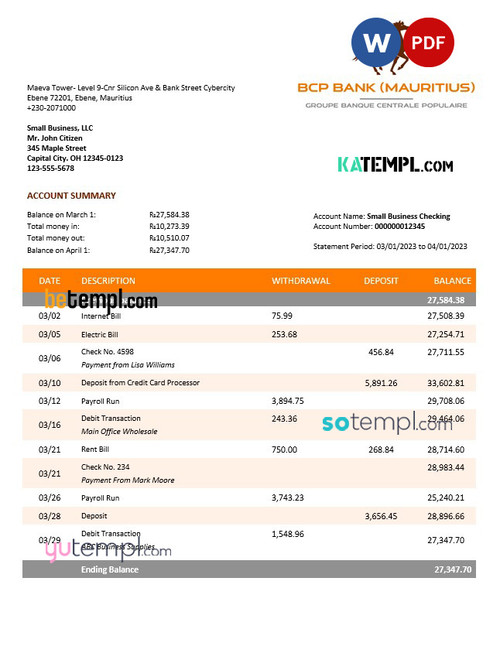 Bcp Bank enterprise account statement Word and PDF template
