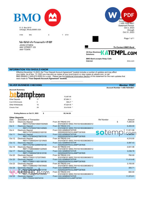 BMO Canada bank corporate account statement Word and PDF template