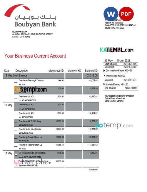 Boubyan Bank enterprise account statement Word and PDF template