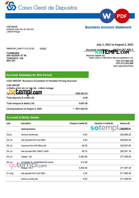 CAIXA Geral de Depósitos business bank statement Word and PDF template