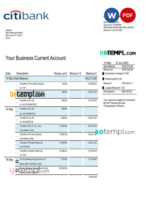 CITIBANK business bank statement Word and PDF template