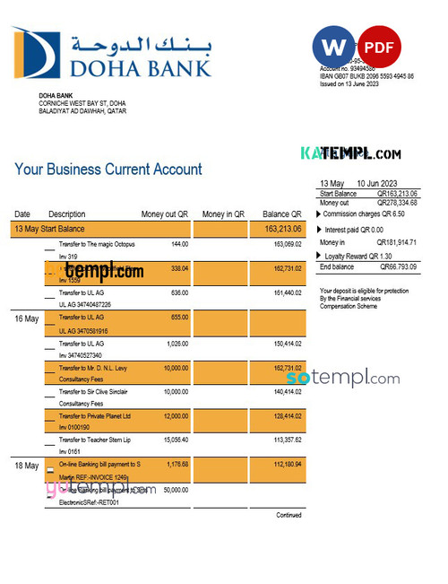 Doha Bank organization checking account statement Word and PDF template