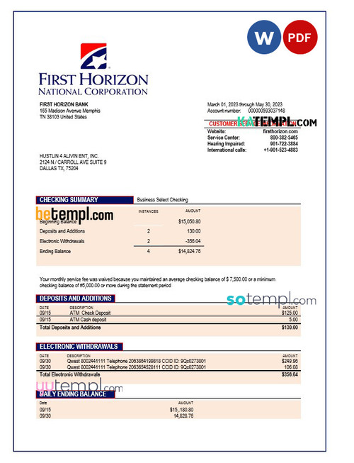 FIRST Horizon Bank company checking account statement Word and PDF template