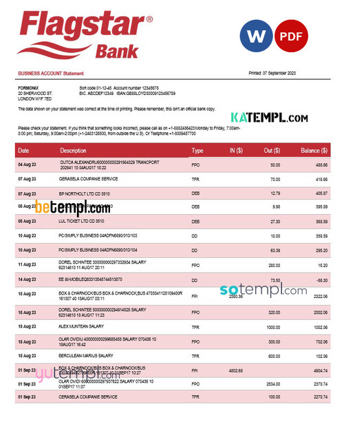 Flagstar Bank organization account statement Word and PDF template