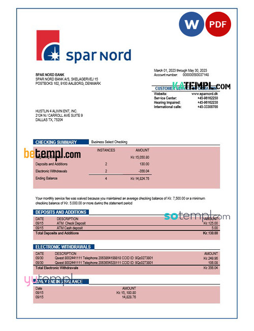 Spar Nord Bank company checking account statement Word and PDF template