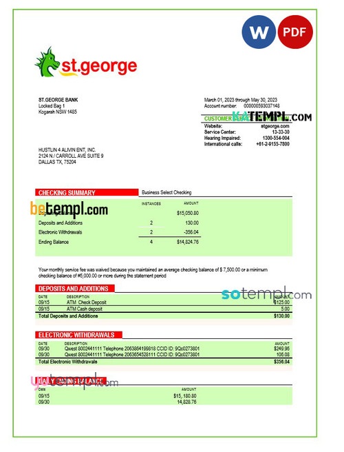 st. george bank organization statement Word and PDF template