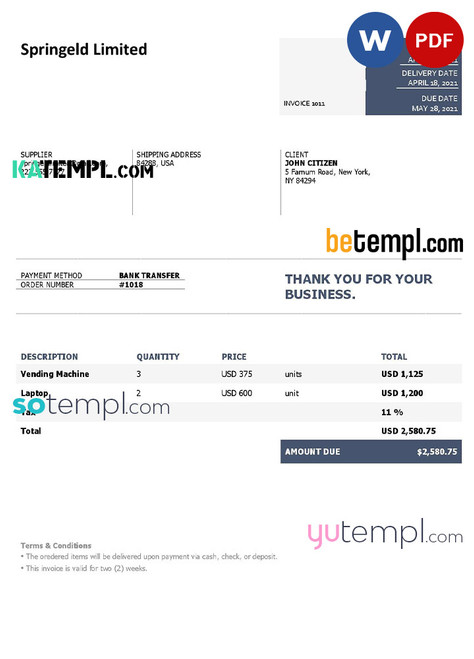 USA Springeld Limited invoice template in Word and PDF format, fully editable