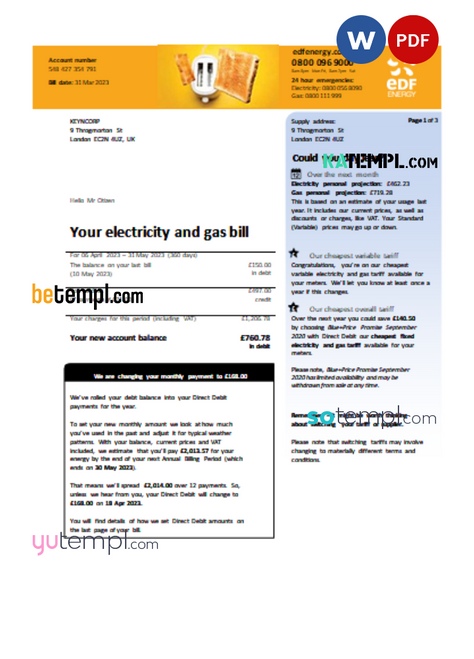 EDF (UK) business utility bill, Word and PDF template