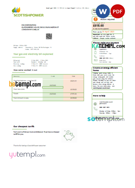 Scottish Power UK PLC business utility bill, Word and PDF template