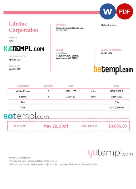 USA Lifeline Corporation invoice template in Word and PDF format, fully editable, version 2