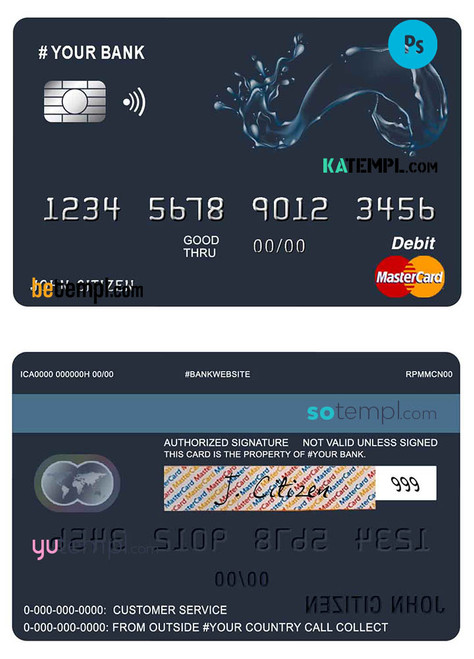 # action water universal multipurpose bank mastercard debit credit card template in PSD format, fully editable