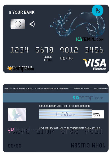 # action water universal multipurpose bank visa electron credit card template in PSD format, fully editable