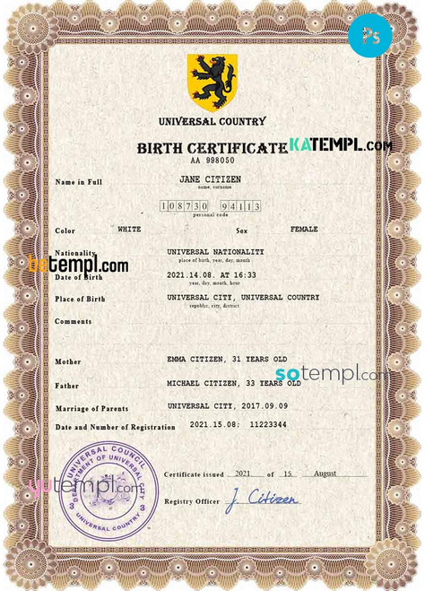 # ammo universal birth certificate PSD template, completely editable