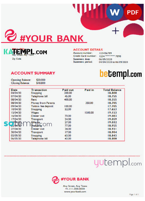# blush velvet universal multipurpose bank statement template in Word format
