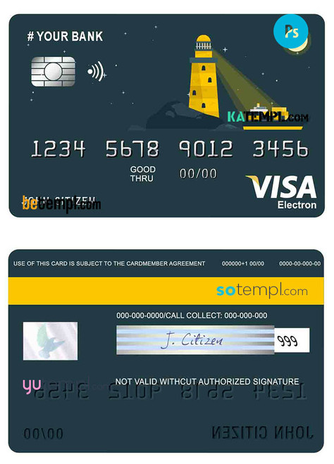 # bright lighthouse universal multipurpose bank visa electron credit card template in PSD format, fully editable