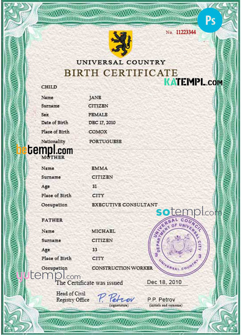 # broadcast variety universal birth certificate PSD template, completely editable