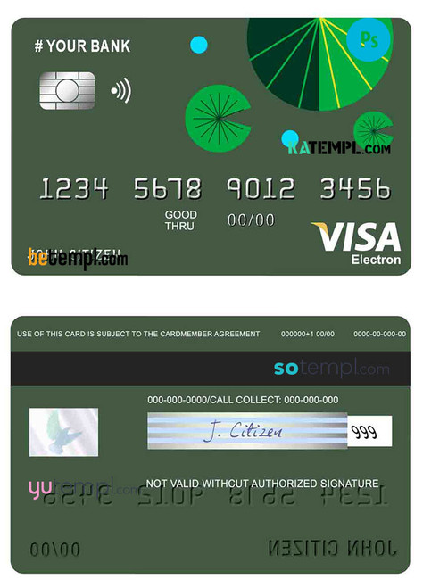 # budget green universal multipurpose bank visa electron credit card template in PSD format, fully editable