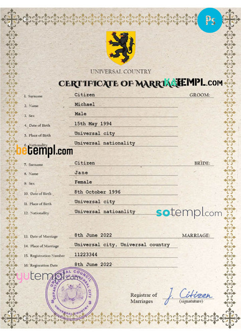 # charm universal marriage certificate PSD template, fully editable