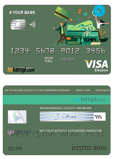 # click money universal multipurpose bank visa electron credit card template in PSD format, fully editable
