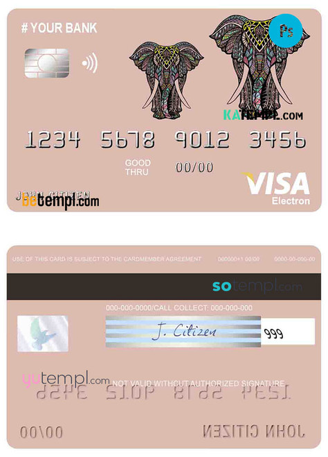# colored elephant universal multipurpose bank visa electron credit card template in PSD format, fully editable