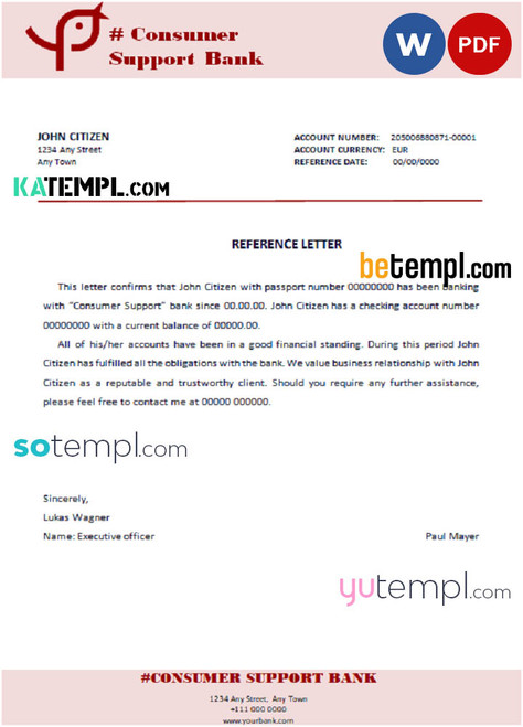 # consumer support bank universal multipurpose bank account reference template in Word and PDF format