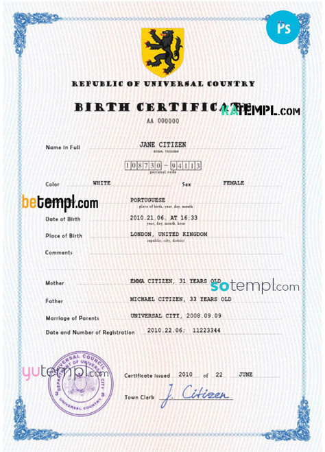 # core tide universal birth certificate PSD template, fully editable