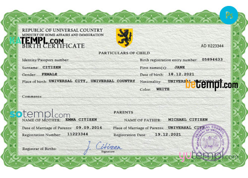 # dime project universal birth certificate PSD template, completely editable