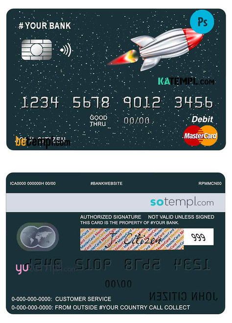 # direct rocket universal multipurpose bank mastercard debit credit card template in PSD format, fully editable