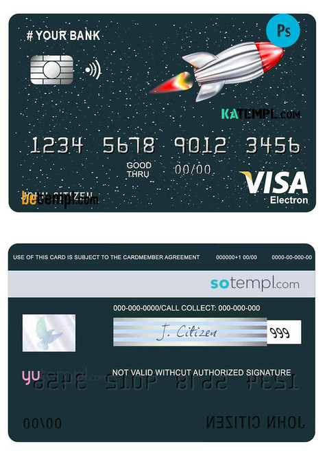 # direct rocket universal multipurpose bank visa electron credit card template in PSD format, fully editable