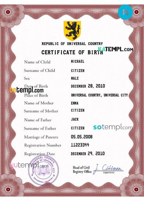 # disclosure universal birth certificate PSD template, fully editable