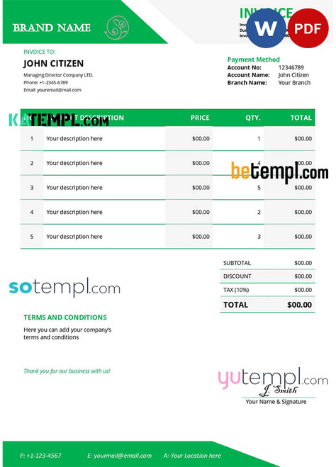 # fact connect universal multipurpose invoice template in Word and PDF format, fully editable