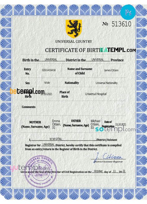 # flow universal birth certificate PSD template, fully editable