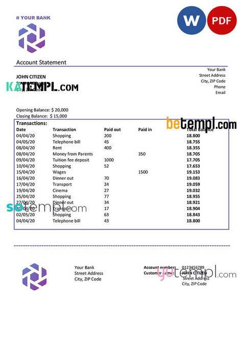 # flower flock universal bank multipurpose statement template in Word format