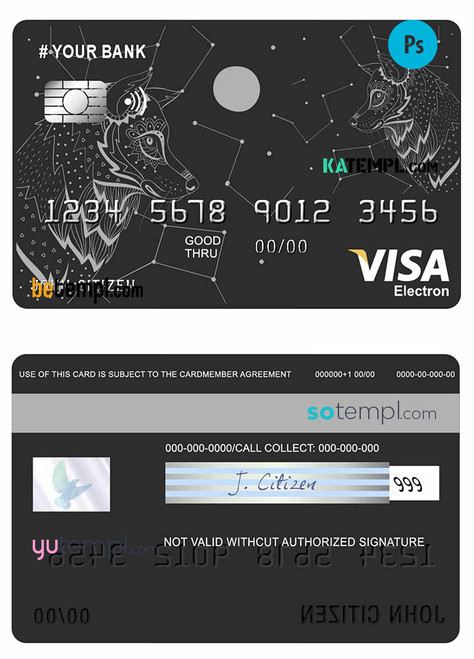 # galaxy wolf universal multipurpose bank visa electron credit card template in PSD format, fully editable