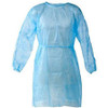 House Brand Isolation Gown with Elastic Cuff - Blue, one size fits all. Package of 50 gowns.