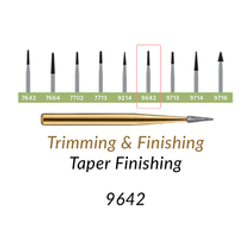 Carbide Burs. FG-9642 T&F 30-blades Extra Long Taper Finishing, Extra Long Taper, Pack of 100/Bag