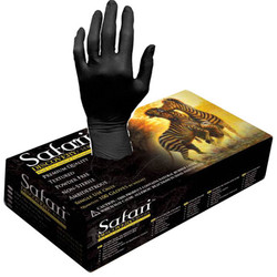 Safari Latex Exam Gloves: X-SMALL, 100/box. Black color, powder-free, textured