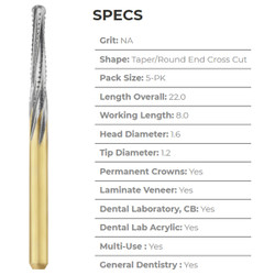 Great White Ultra FG #856.016 Round End Taper Carbide Burs 5/Pk. Working length