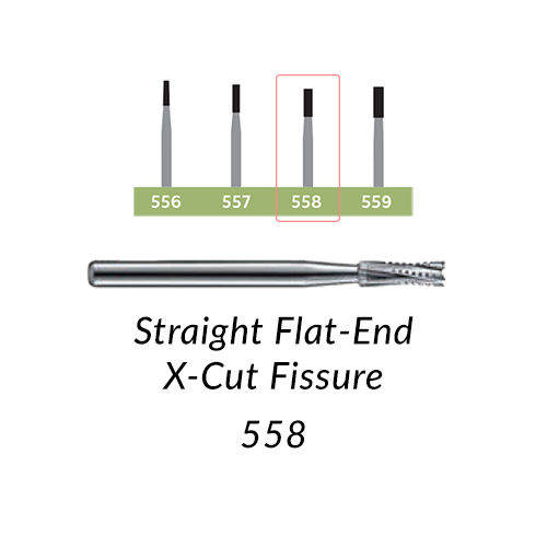 Carbide Burs. FG-558-L Straight Flat-End X-Cut Fissure. 10 pcs.