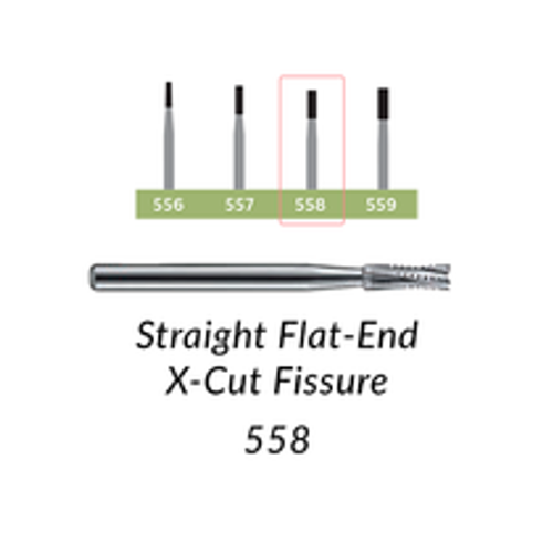 Carbide Burs. FG-558-L Straight Flat-End X-Cut Fissure. Pack of 100/Bag