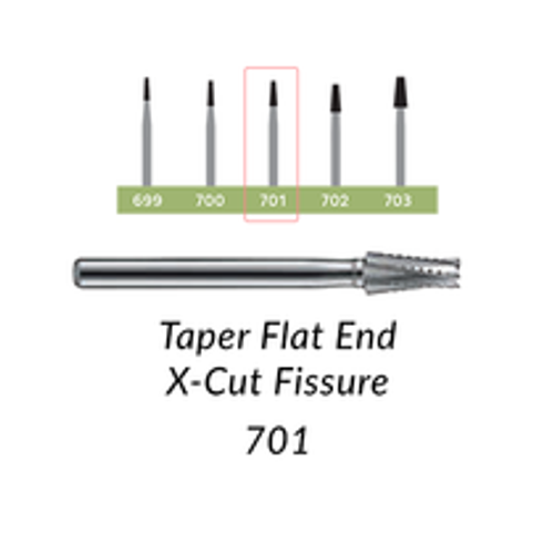 Carbide Burs. FG-701-L Taper Flat End X-Cut Fissure. Pack of 100/Bag