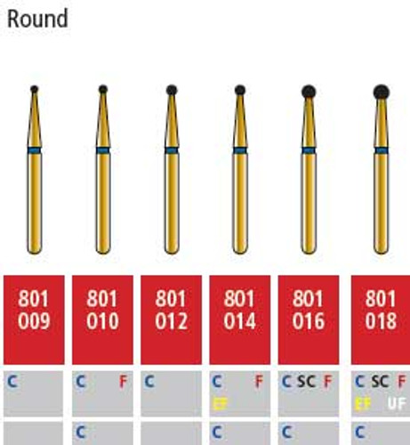 Alpen FG #801.016 Fine Grit, Round Diamond Bur. Package of 5 Burs