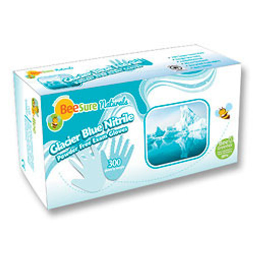 BeeSure Naturals Glacier Nitrile Exam Gloves: X-Small 300/Bx. Glacier Blue