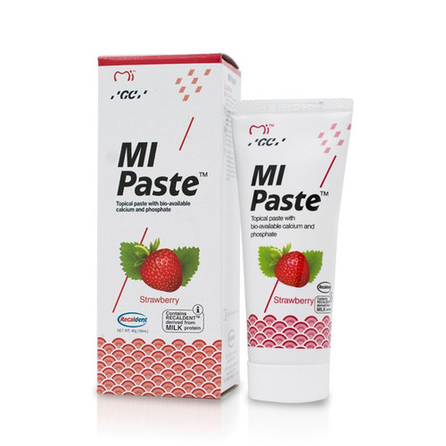 MI Paste Strawberry 1 x 40g Tube. Topical Tooth Cream contains RECALDENT