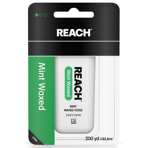 Reach Waxed Mint Dental Floss 200 yard in plastic dispenser. Air-entangled