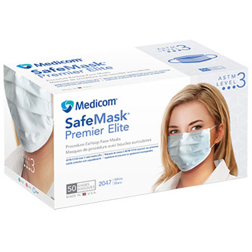 SafeMask Premier Elite WHITE Earloop Mask, 50/Bx. ASTM Level 3, High Barrier