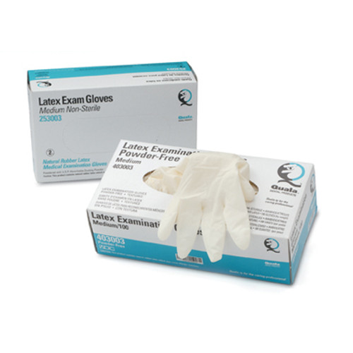 Quala Latex Exam Gloves: MEDIUM 100/Bx. Powder-Free, Textured, Beaded Cuff