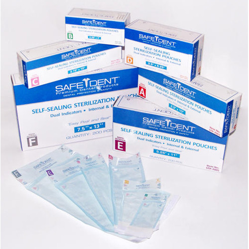 Safe-Dent 7.5' x 13' sterilization pouch 200/box. Self-sealing paper/blue tint
