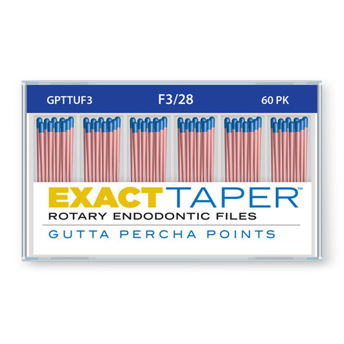 ExactTaper F3 Gutta Percha Points 28mm, 60/Box. Hand jig rolled to produce